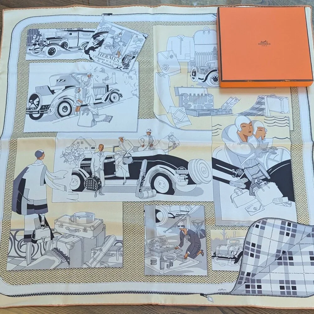 HERMES L'Elegance et le Confort en Automobile 70 cm Cream Silk Square Scarf RARE - Picture 2 of 16